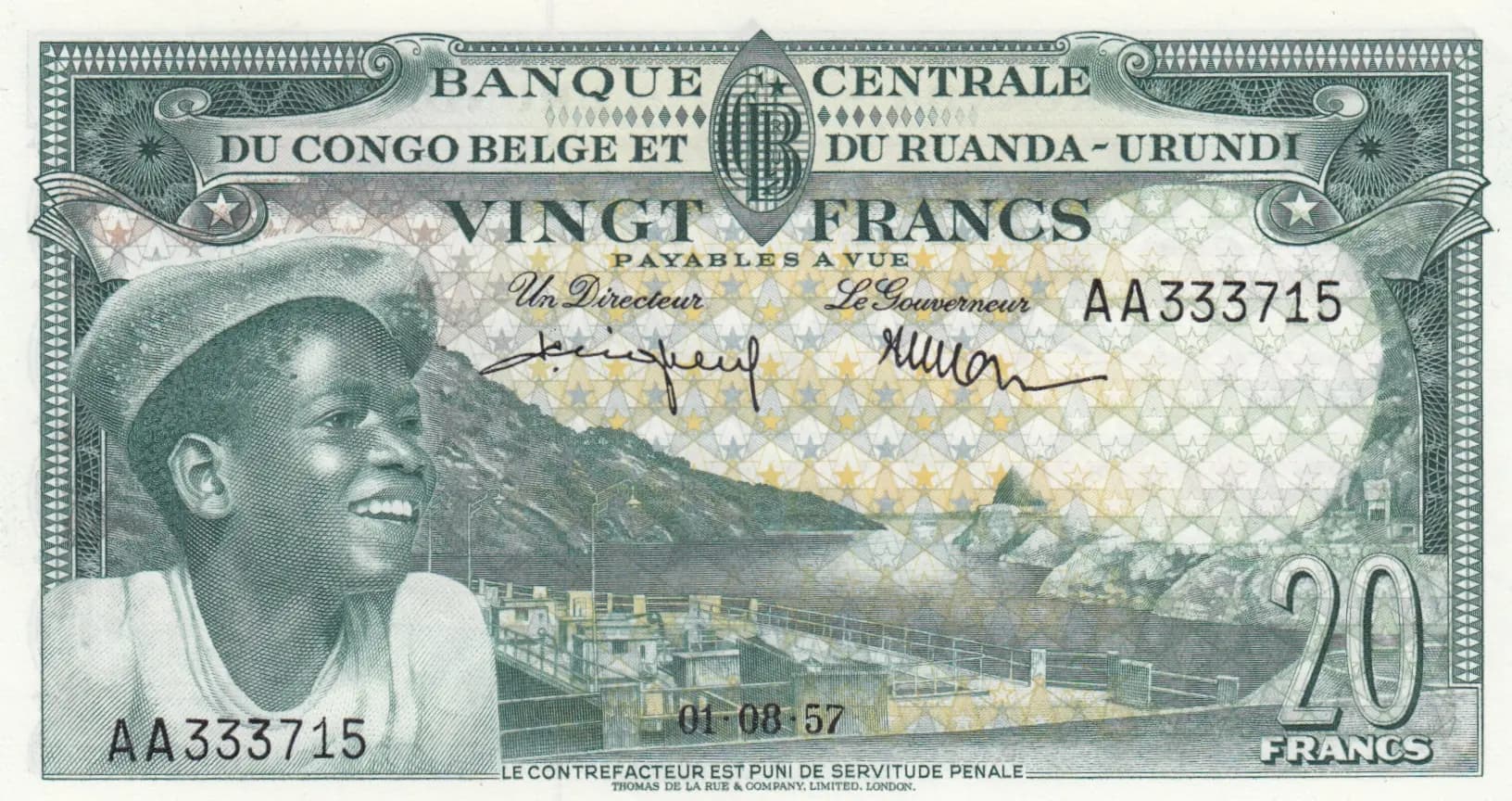 20 francs 1957 from Belgian Congo, P-31 (1957) — image 1