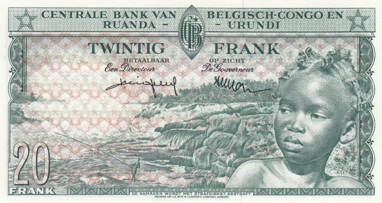20 francs 1957 from Belgian Congo, P-31 (1957) — image 2