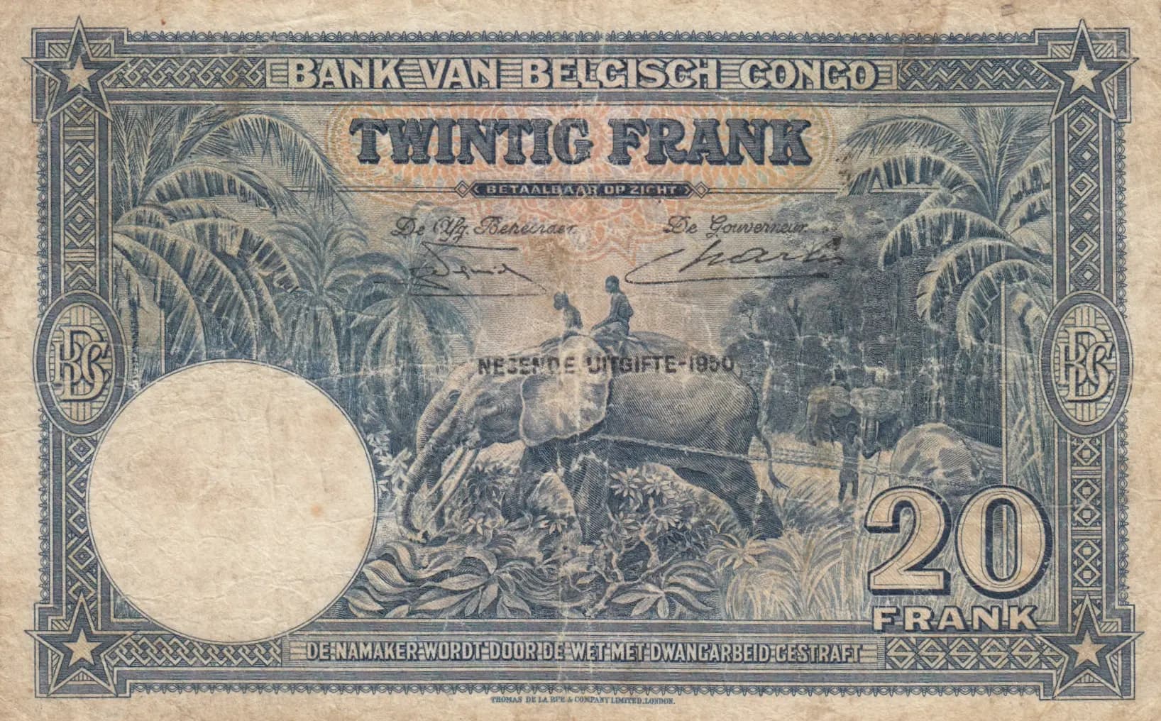 20 francs 1950 from Belgian Congo, P-15H (1950) — image 2
