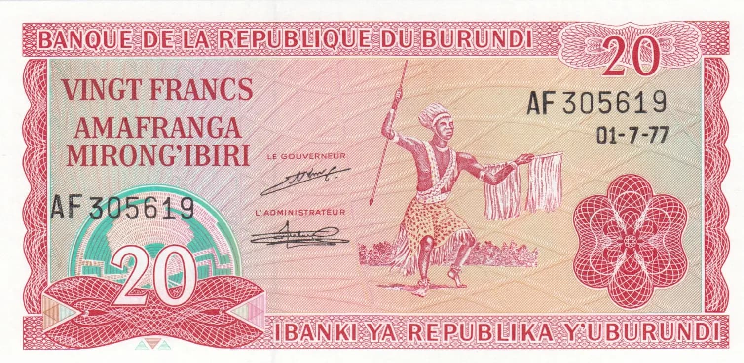 20 francs 1977 from Burundi, P-27a (1977) — image 1