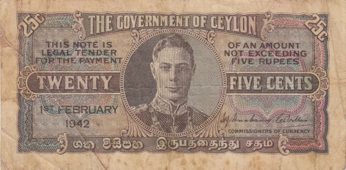 25 cents 1942 from Sri Lanka, P-44a (1942) — image 1