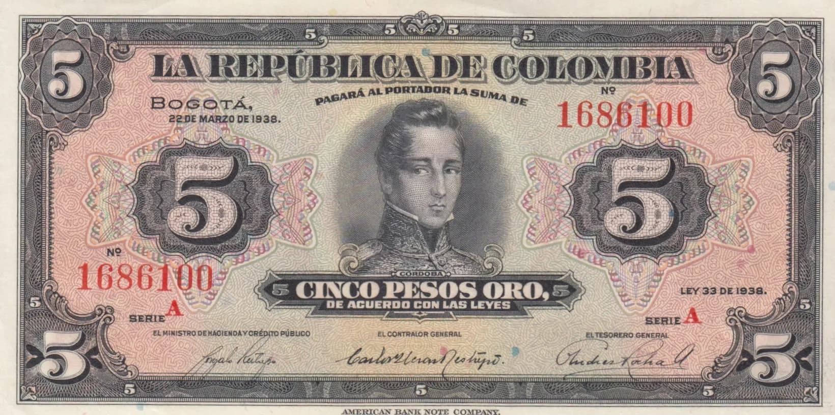 5 pesos 1938 from Colombia, P-341 (1938) — image 1