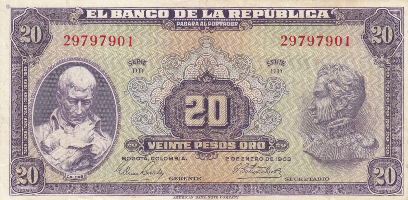 20 pesos 1963 from Colombia, P-392a (1963) — image 1
