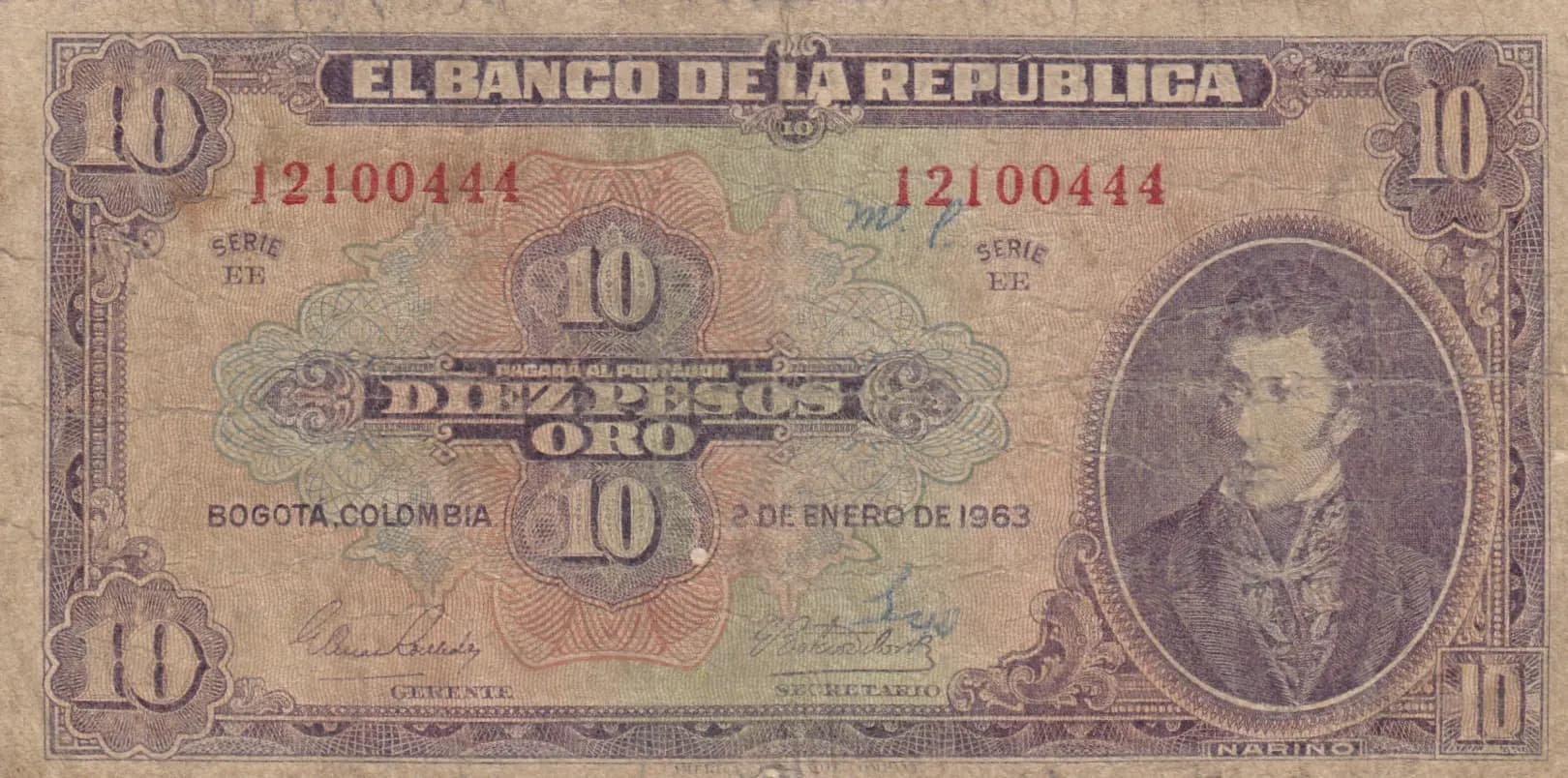 10 pesos 1963 from Colombia, P-389f (1963) — image 1