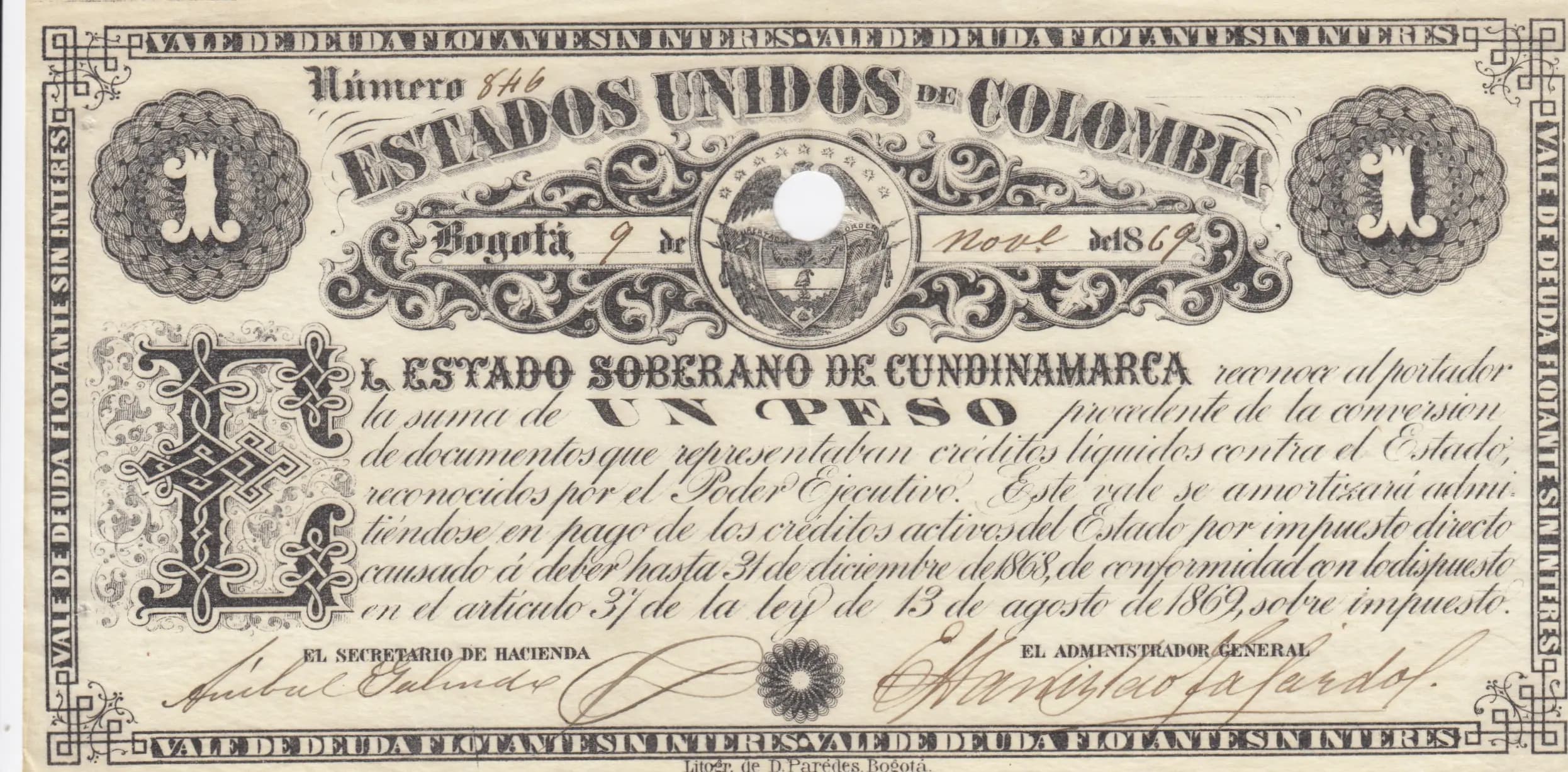 1 peso 1869 from Colombia, P-S156 (1869) — image 1