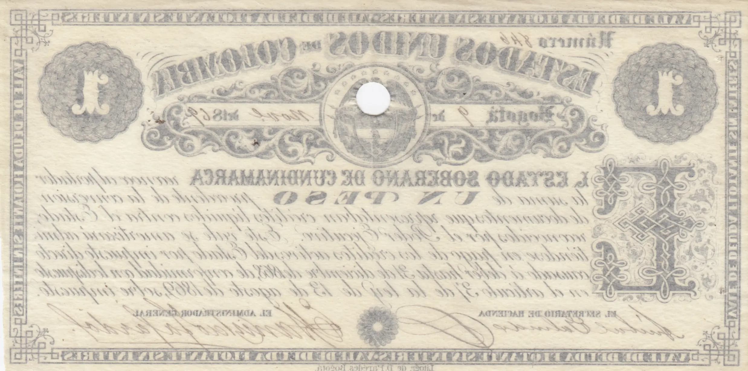 1 peso 1869 from Colombia, P-S156 (1869) — image 2