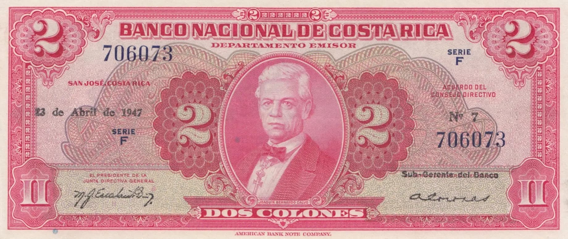 2 colones 1947 from Costa Rica, P-203b (1947) — image 1
