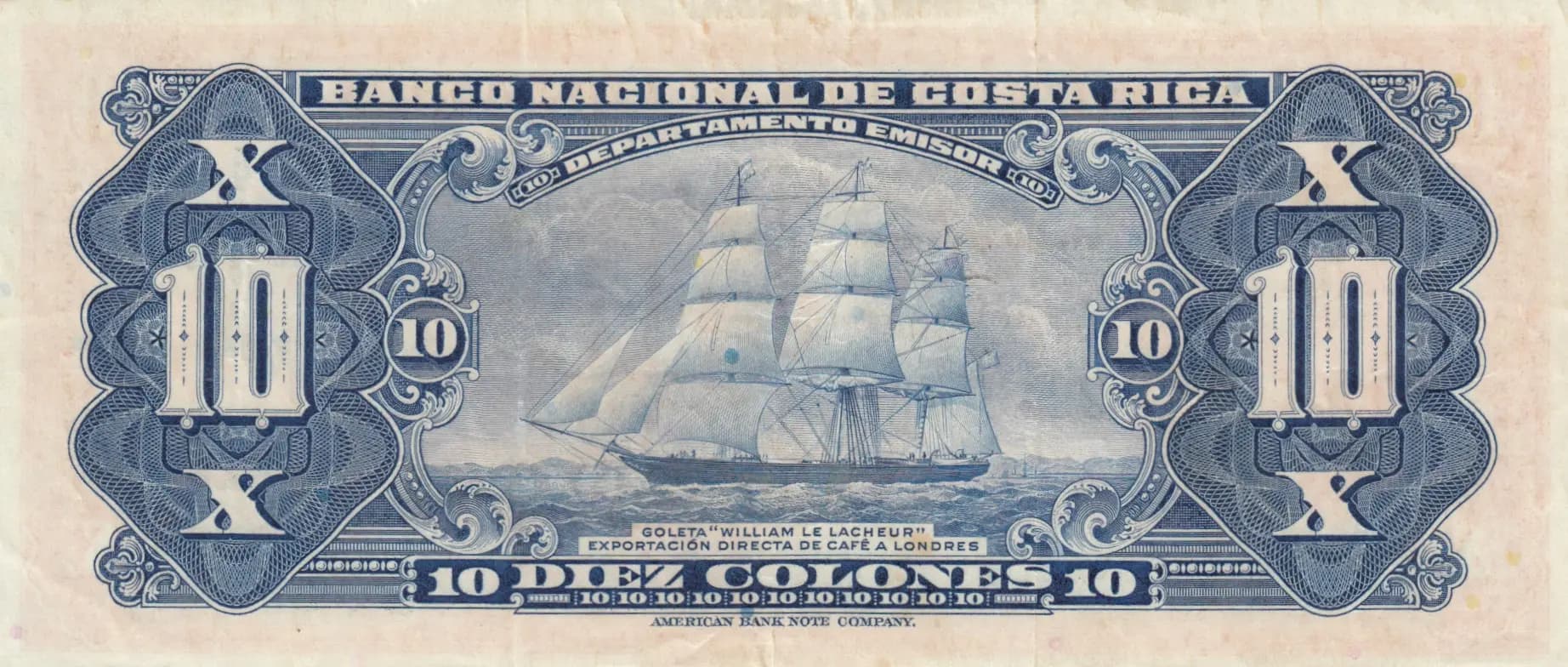 10 colones 1944 from Costa Rica, P-210a (1944) — image 2