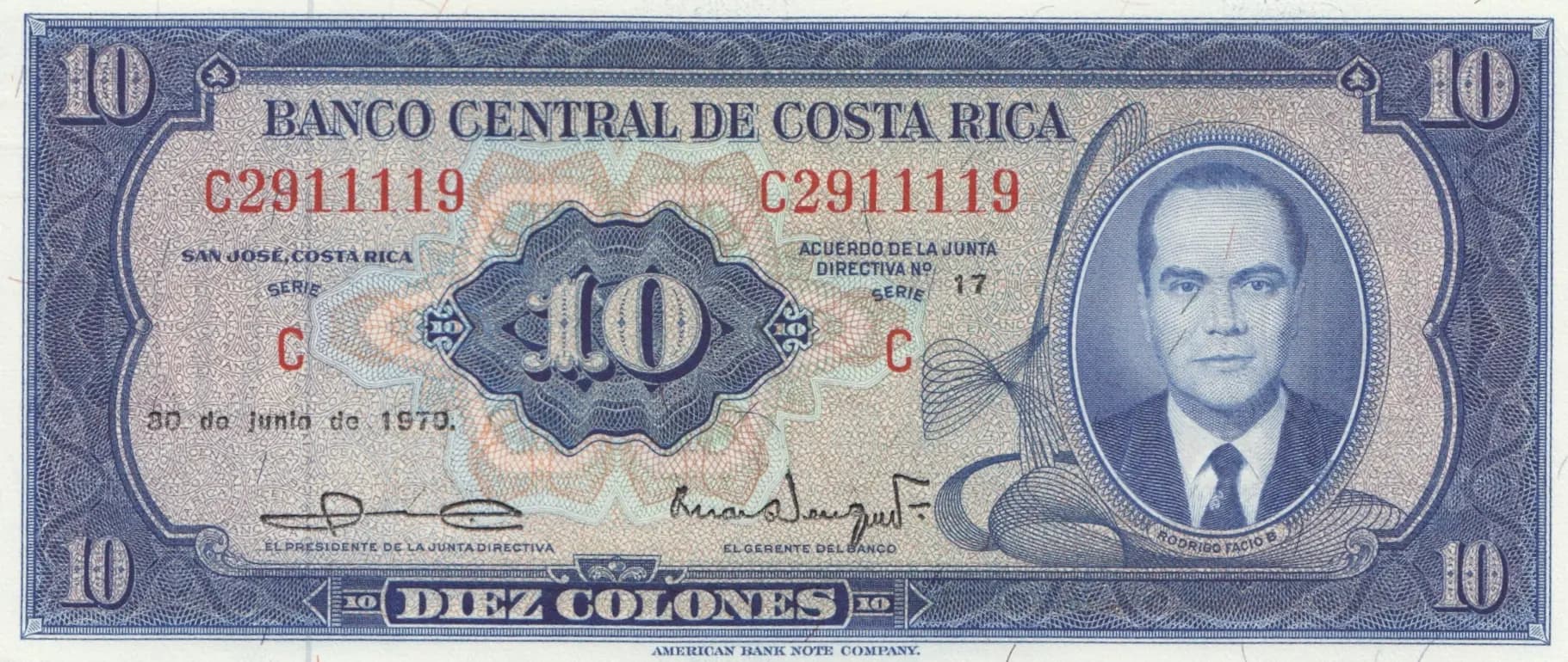 10 colones 1970 from Costa Rica, P-230b (1970) — image 1