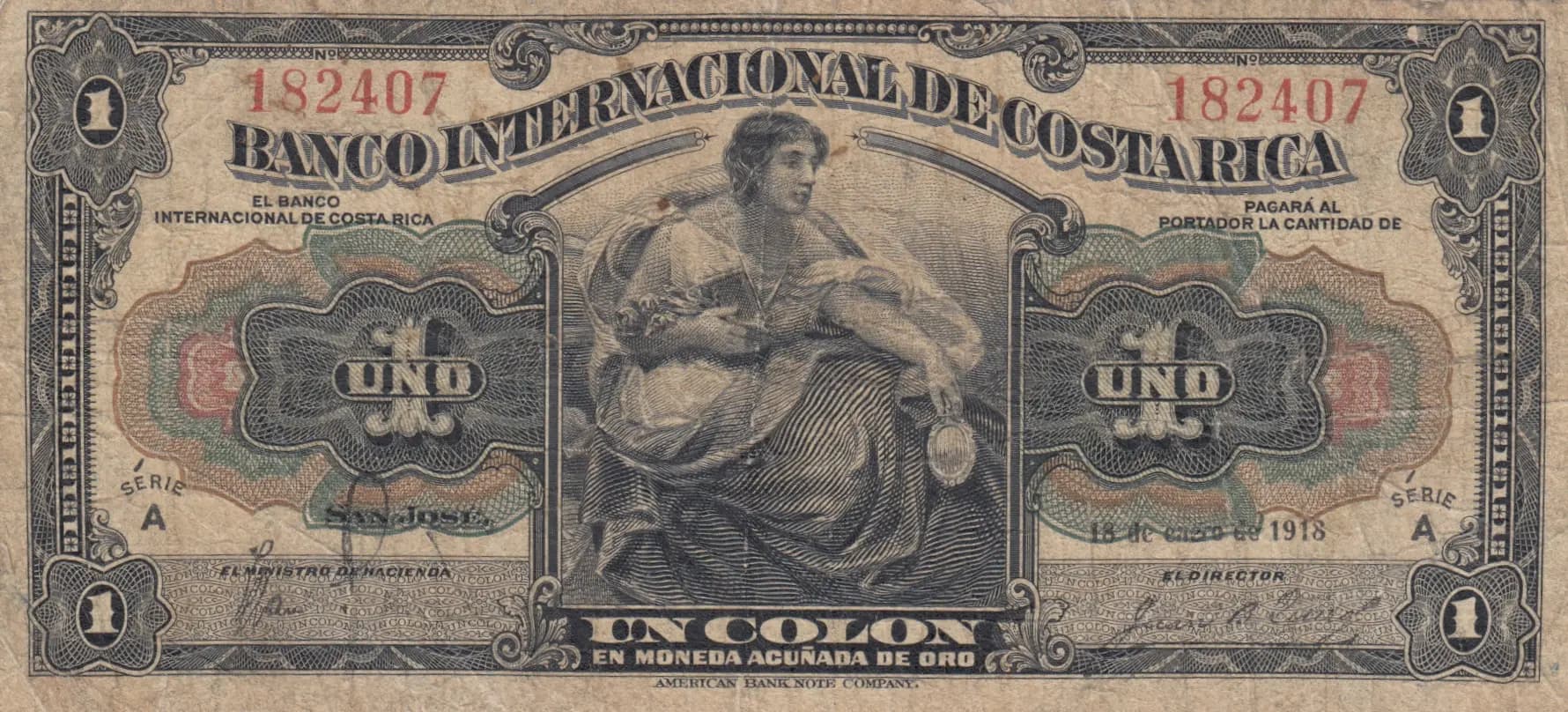 1 colon 1918 from Costa Rica, P-158a (1918) — image 1