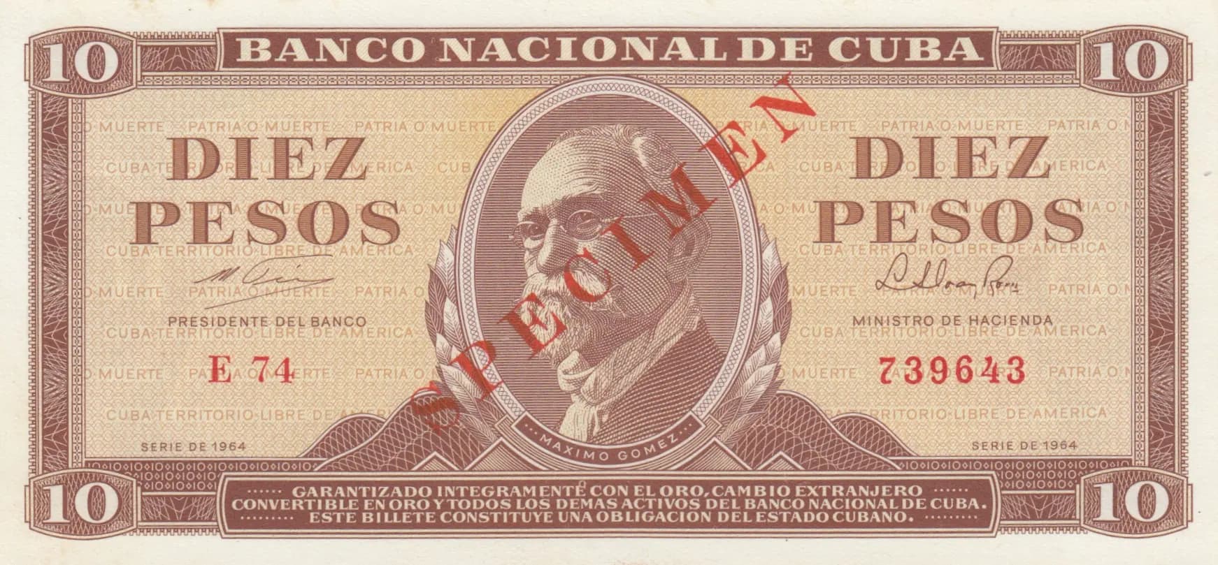 10 pesos 1964 specimen from Cuba , P-96bs (1964) — image 1