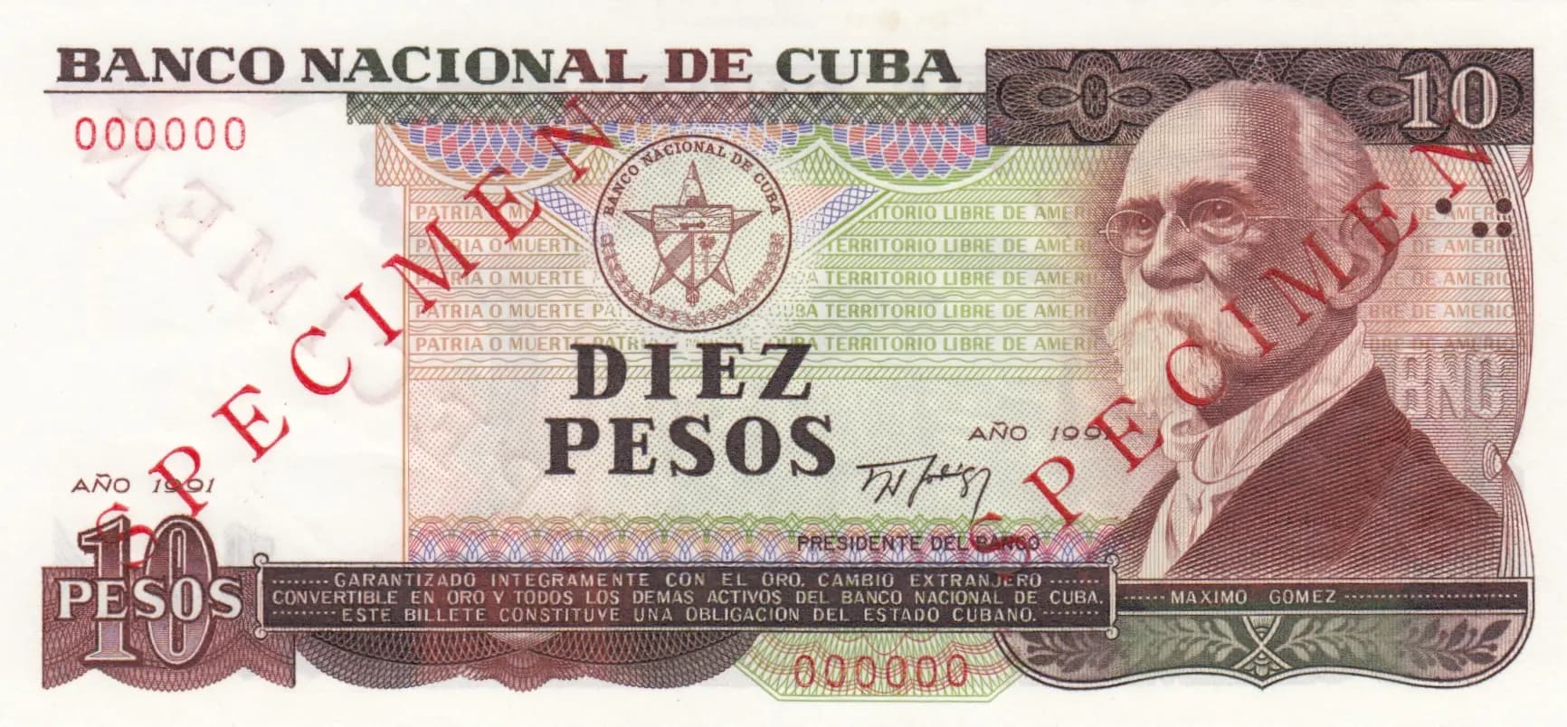 10 pesos 1991 specimen from Cuba , P-109s (1991) — image 1