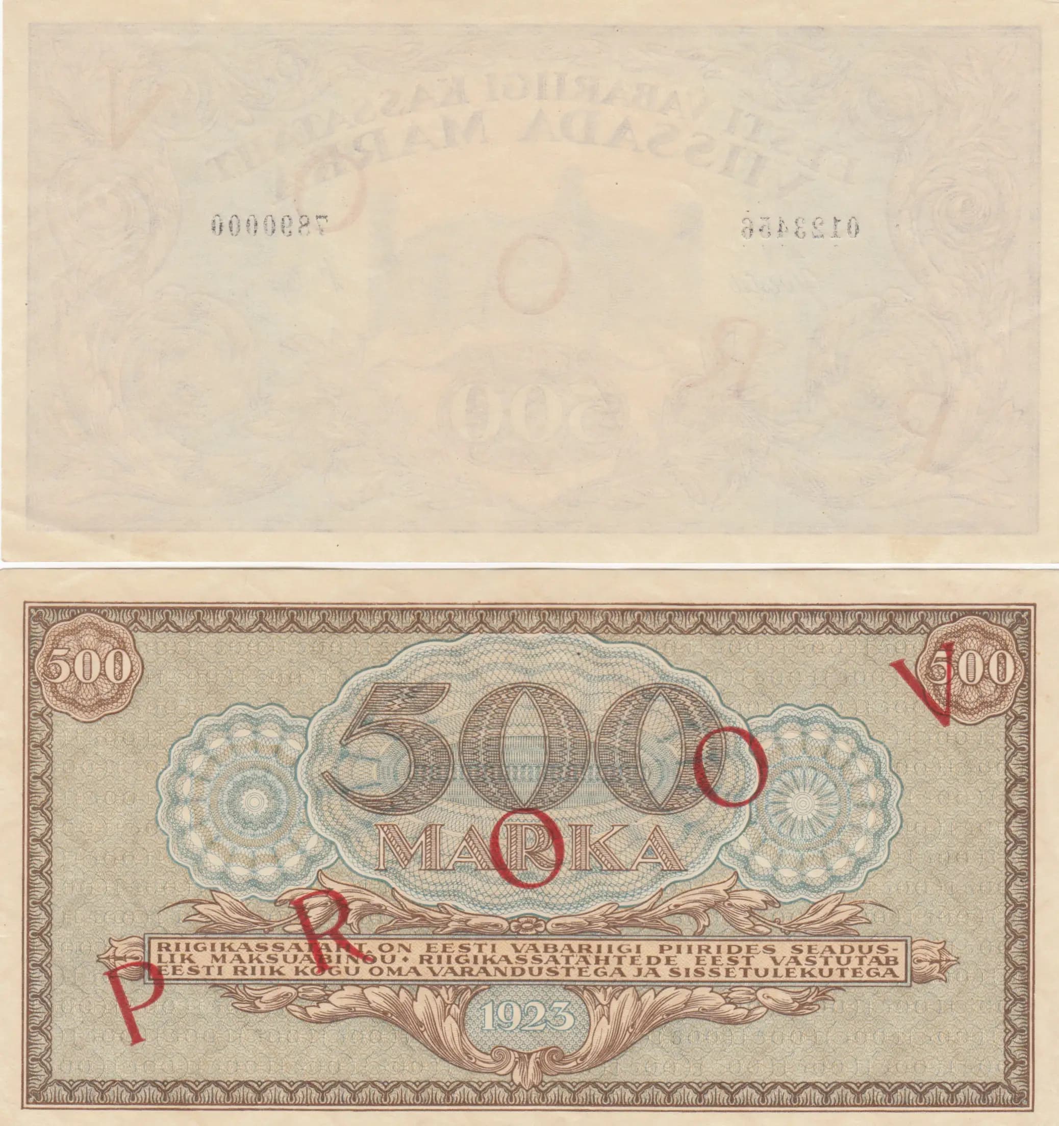 500 marka 1923 specimen from Estonia, P-52s (1923) — image 2