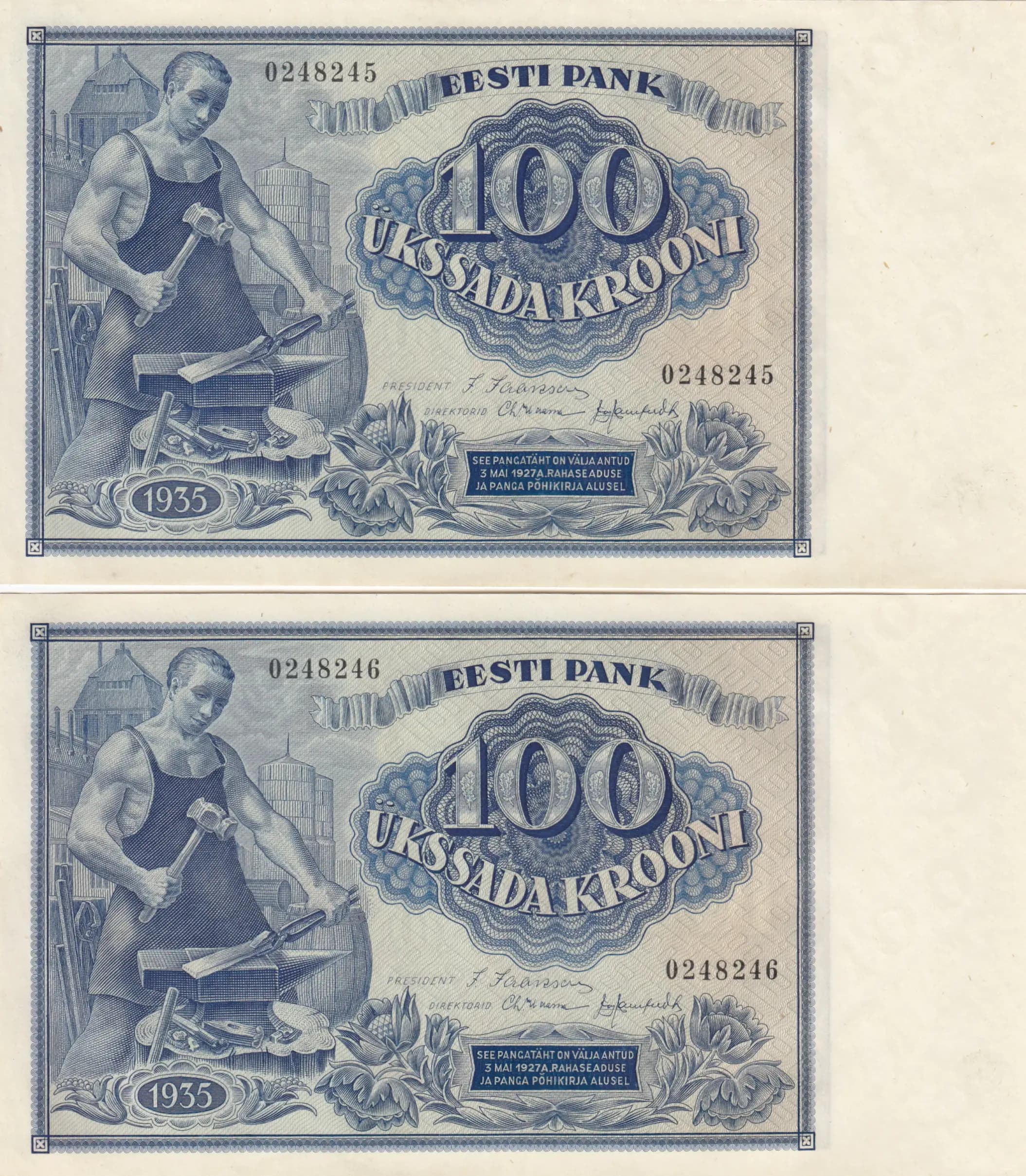 100 krooni 1935 pair from Estonia, P-66 (1935) — image 1