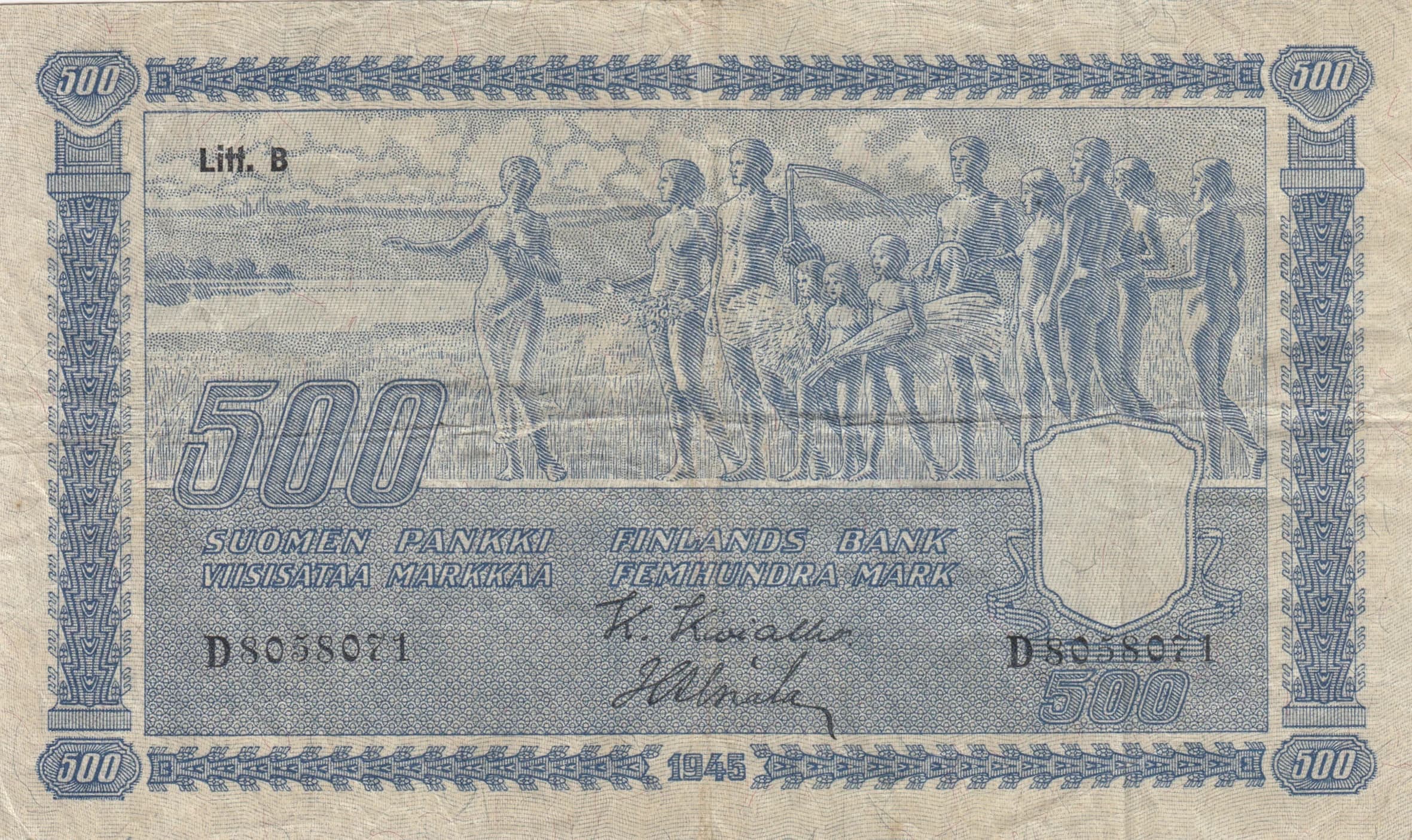 500 markkaa 1945 from Finland, P-89(3) (1945) — image 1