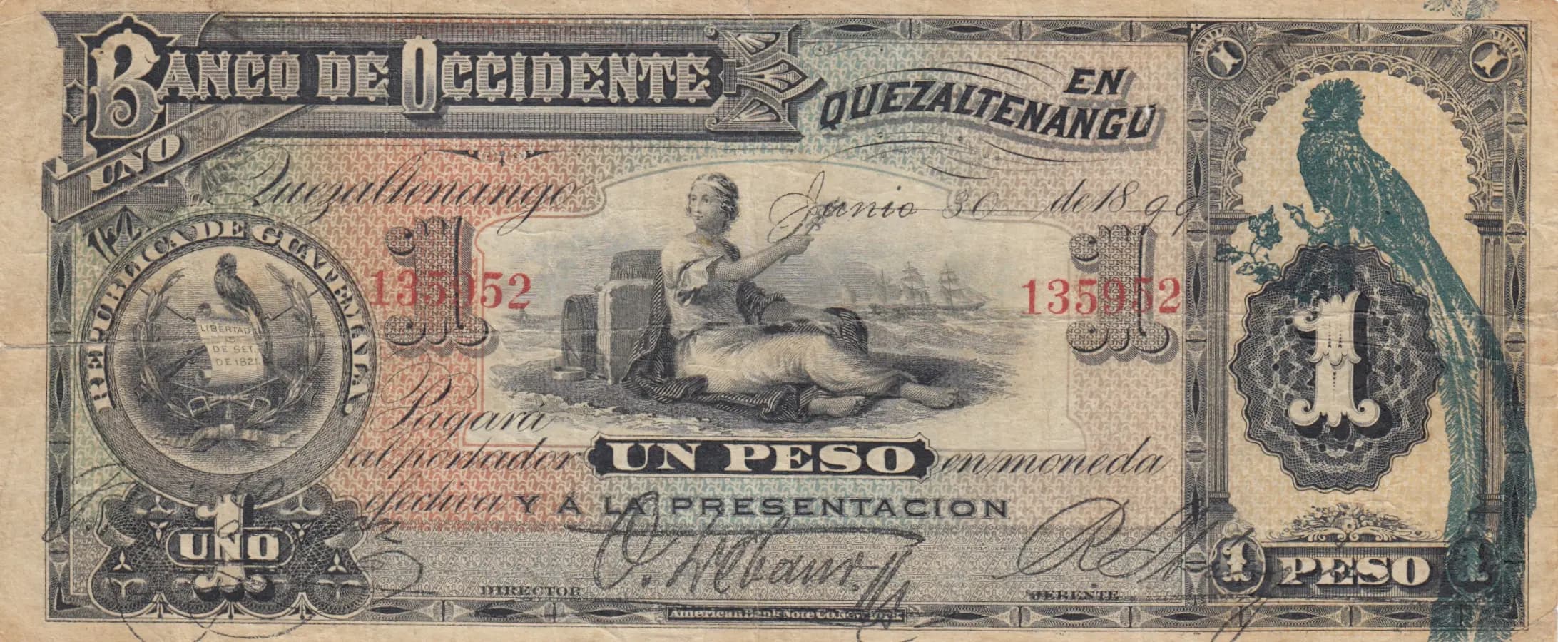 1 peso 1899 from Guatemala, P-S173b (1899) — image 1