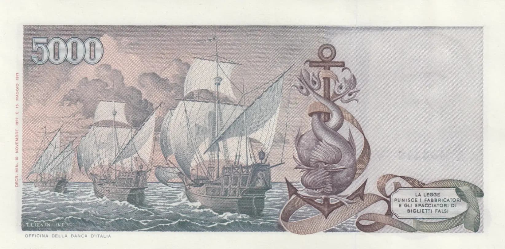 5000 lire 1977 from Italy, P-102c (1977) — image 2