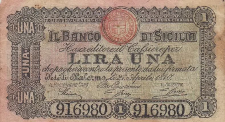1 lira 1870 from Italy, P-S879 (1870) — image 1