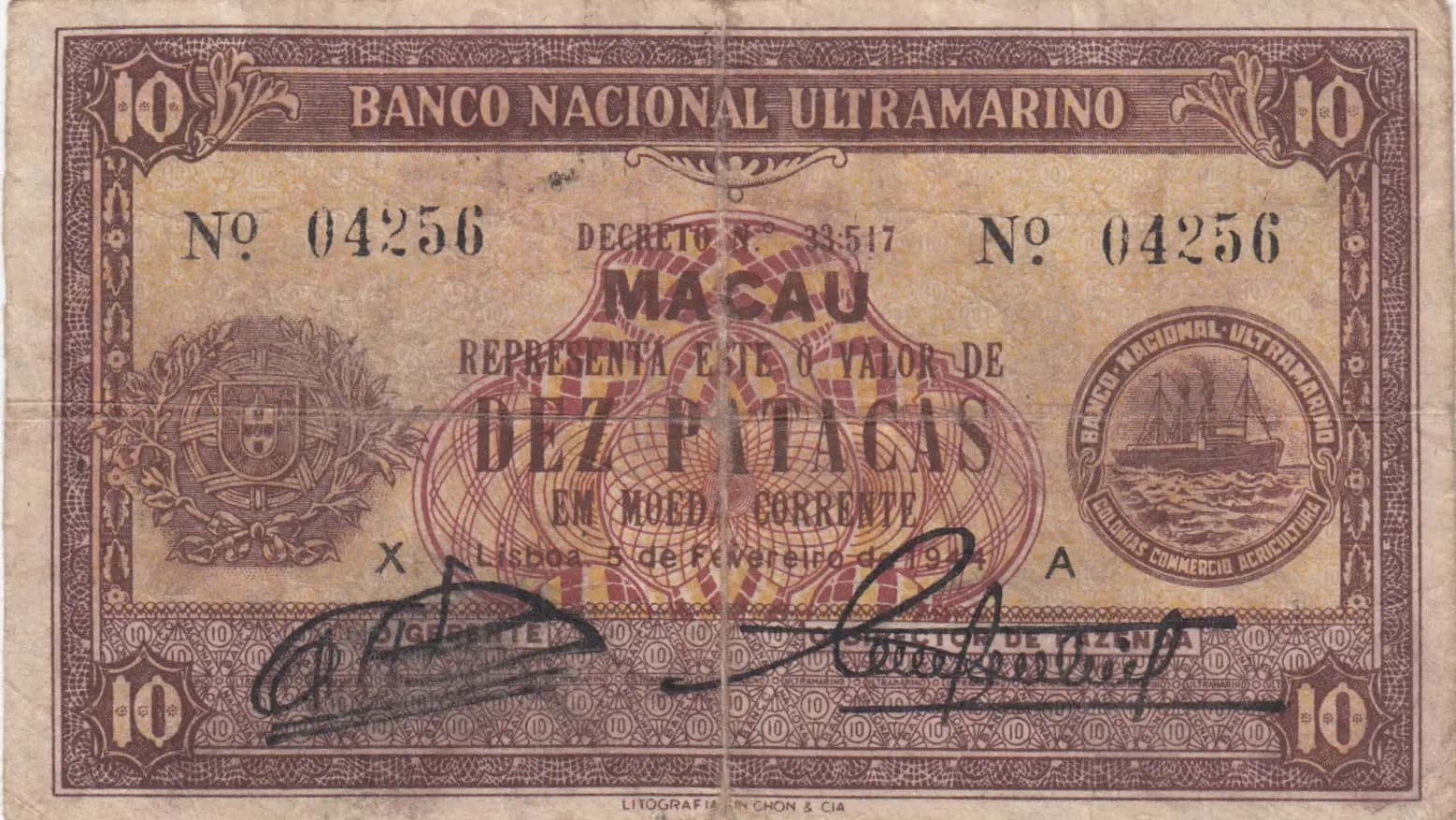 10 patacas 1944 from Macau, P-23 (1944) — image 1