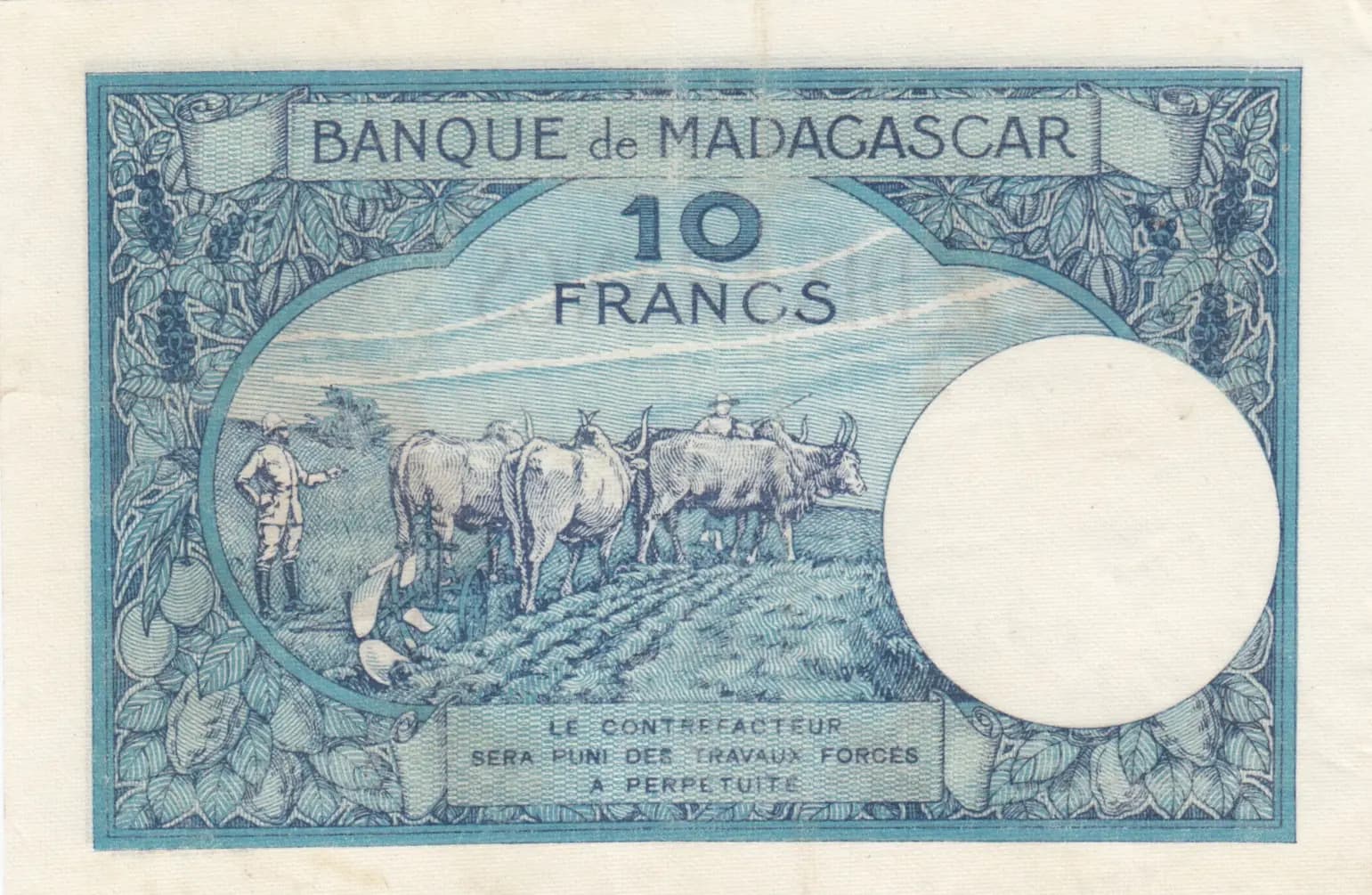 10 francs 1937 from Madagascar, P-36 (1937) — image 2