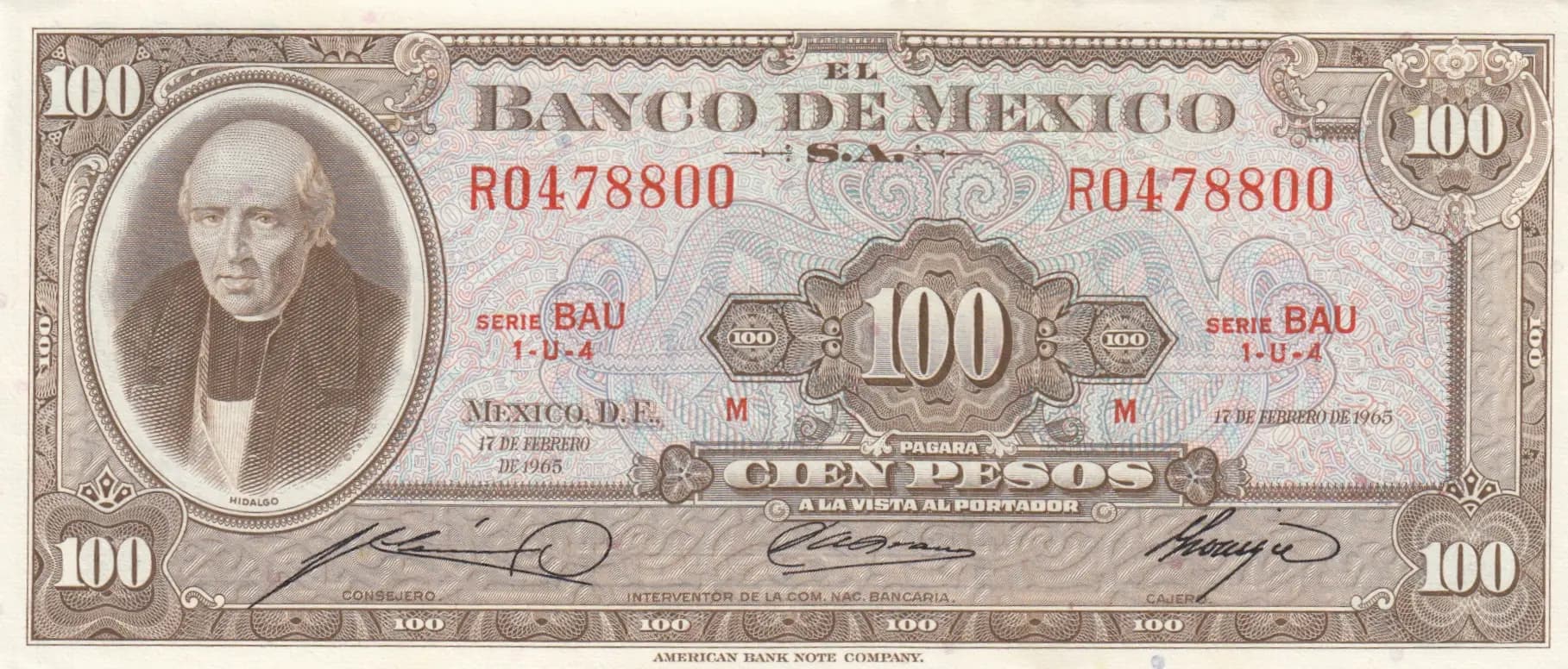 100 pesos 1965 from Mexico, P-61c (1965) — image 1