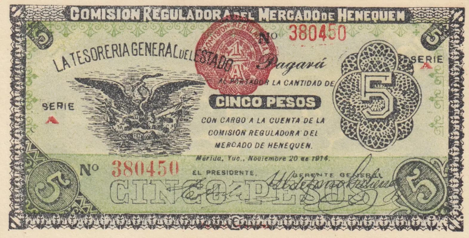 5 pesos 1914 from Mexico, P-S1123a (1914) — image 1