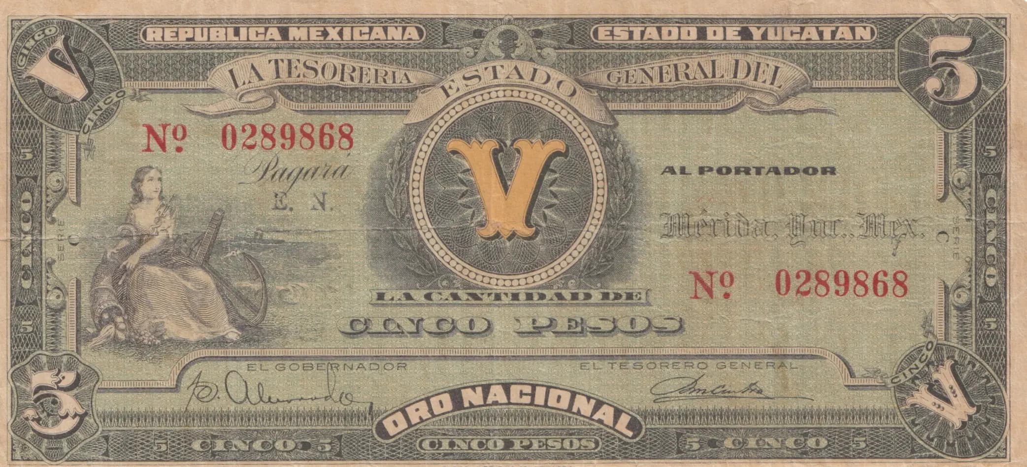 5 pesos 1916 from Mexico, P-S1137 (1916) — image 1