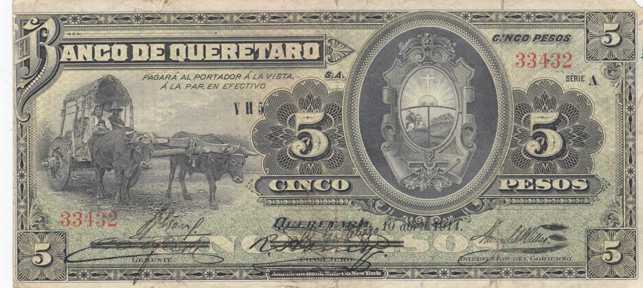 5 pesos 1914 from Mexico, P-S390b (1914) — image 1