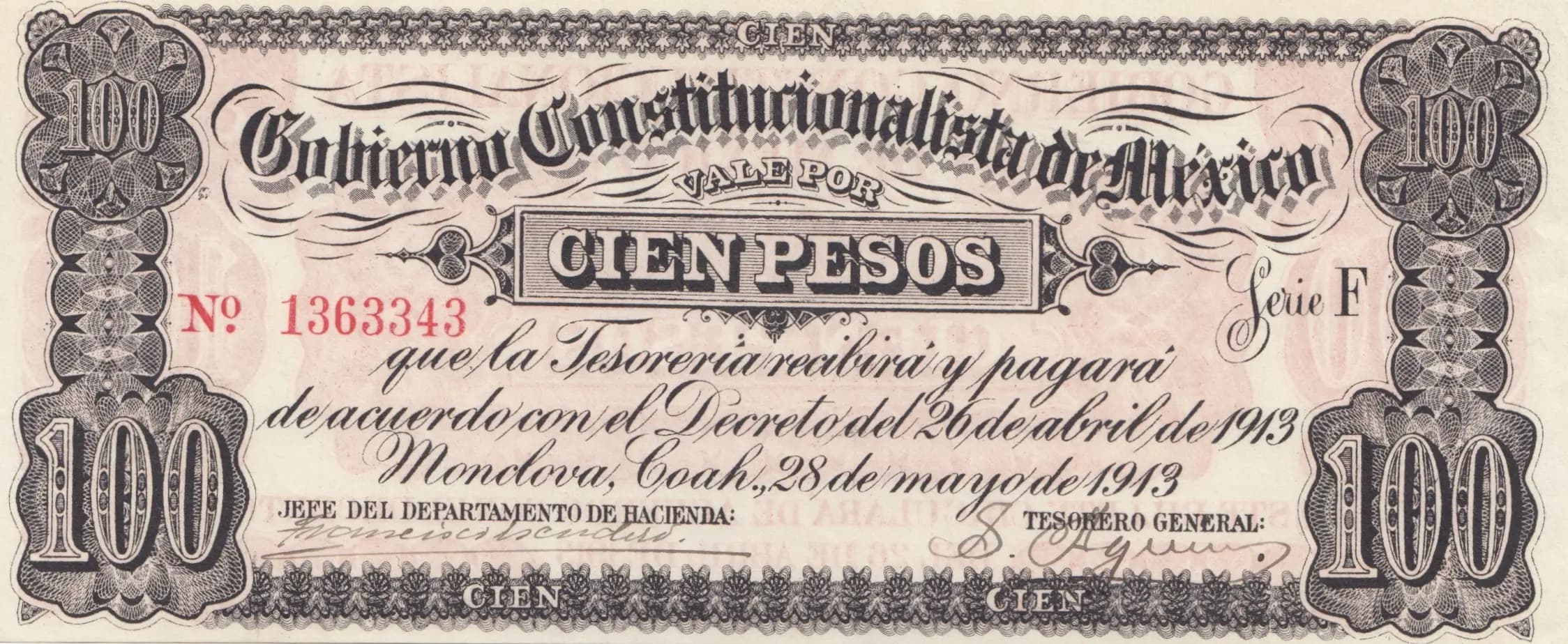 100 peso 1913 from Mexico, P-S635a (1913) — image 1