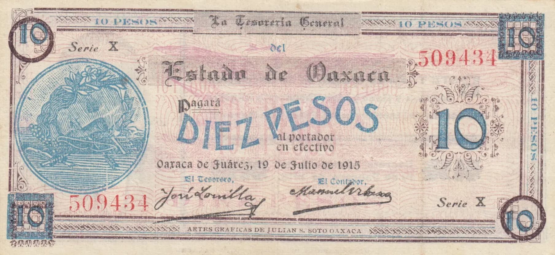 10 pesos 1915 from Mexico, P-S957a2 (1915) — image 1
