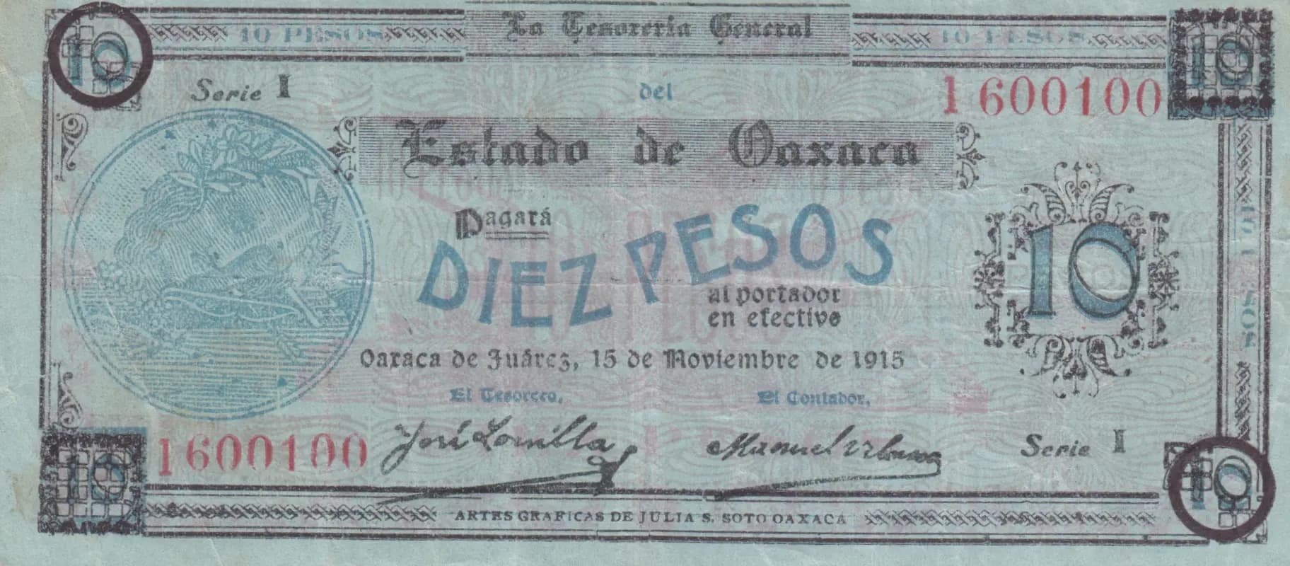 10 pesos 1915 from Mexico, P-S957b (1915) — image 1