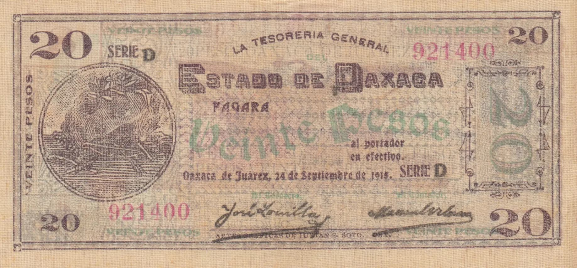 20 pesos 1915 from Mexico, P-S959a (1915) — image 1