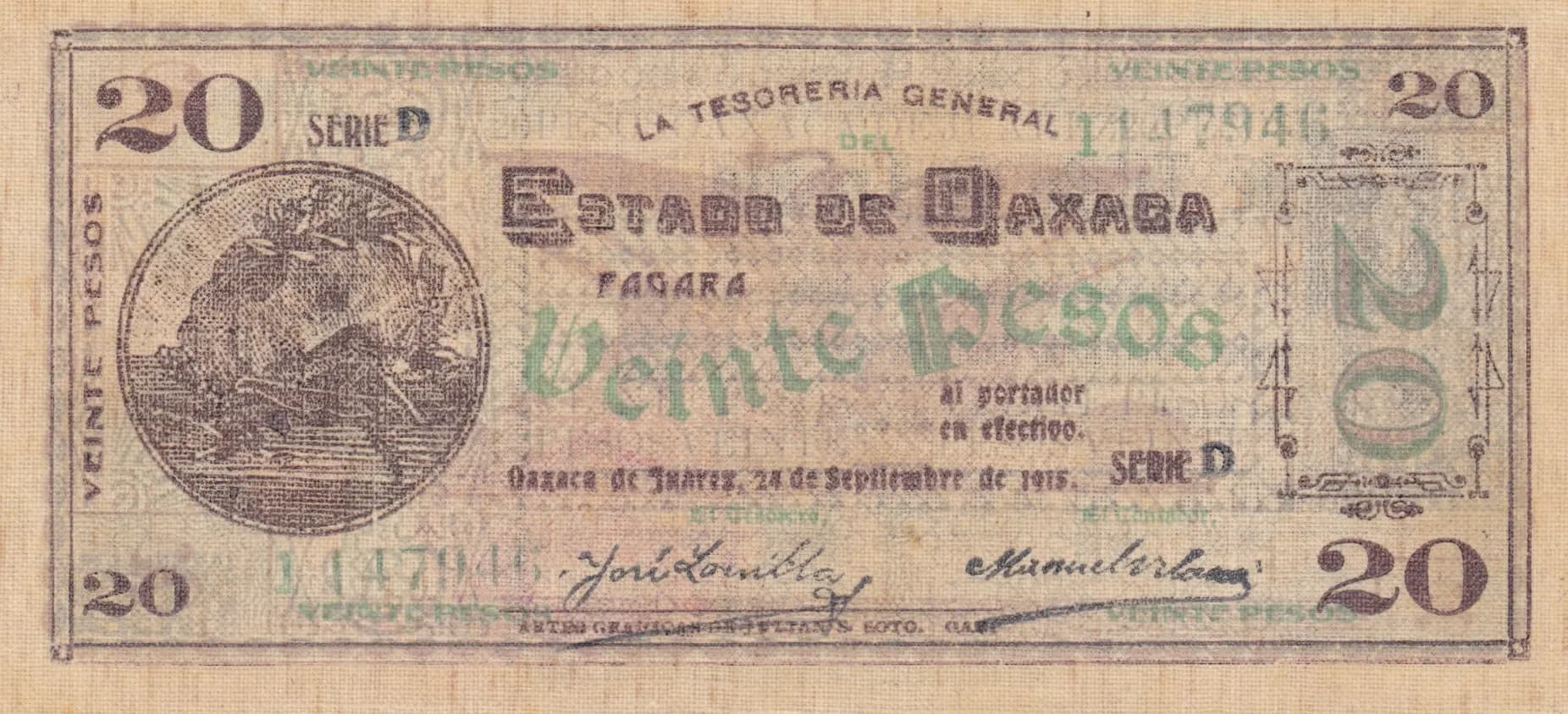 20 pesos 1915 from Mexico, P-S959b (1915) — image 1
