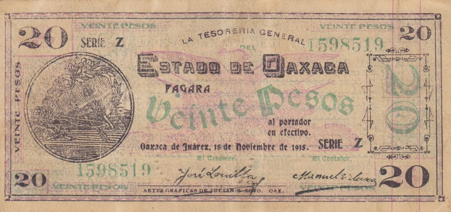 20 pesos 1915 from Mexico, P-S959d (1915) — image 1