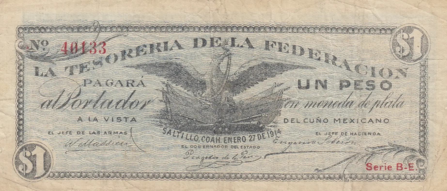 1 peso 1914 from Mexico, P-S645 (1914) — image 1