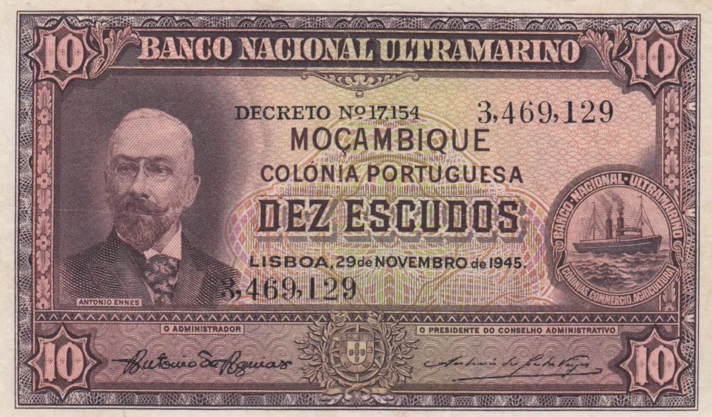 10 escudos 1945 from Mozambique, P-95 (1945) — image 1