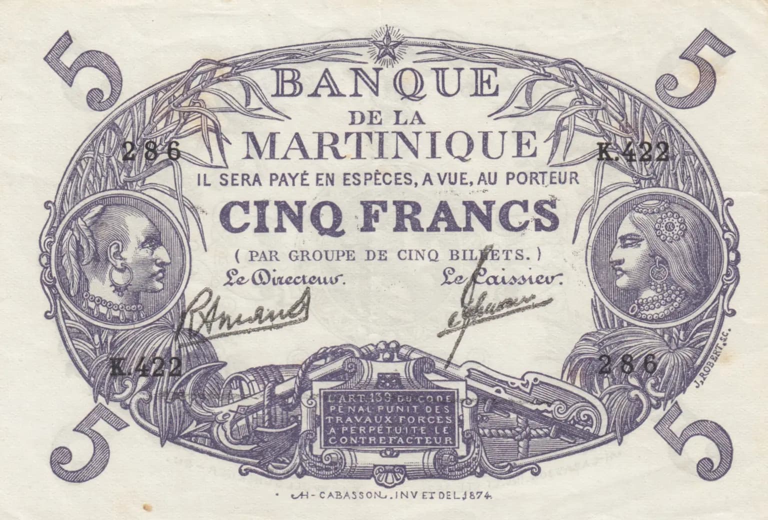 5 francs 1934 from Martinique, P-6 (1934) — image 1