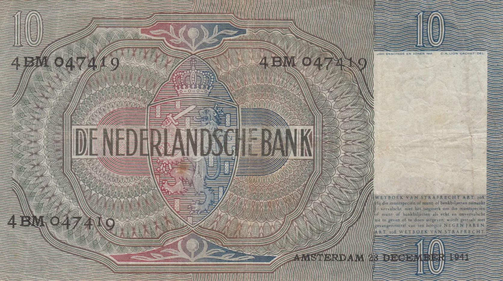 10 gulden 1941 from Netherlands, P-56b (1941) — image 2