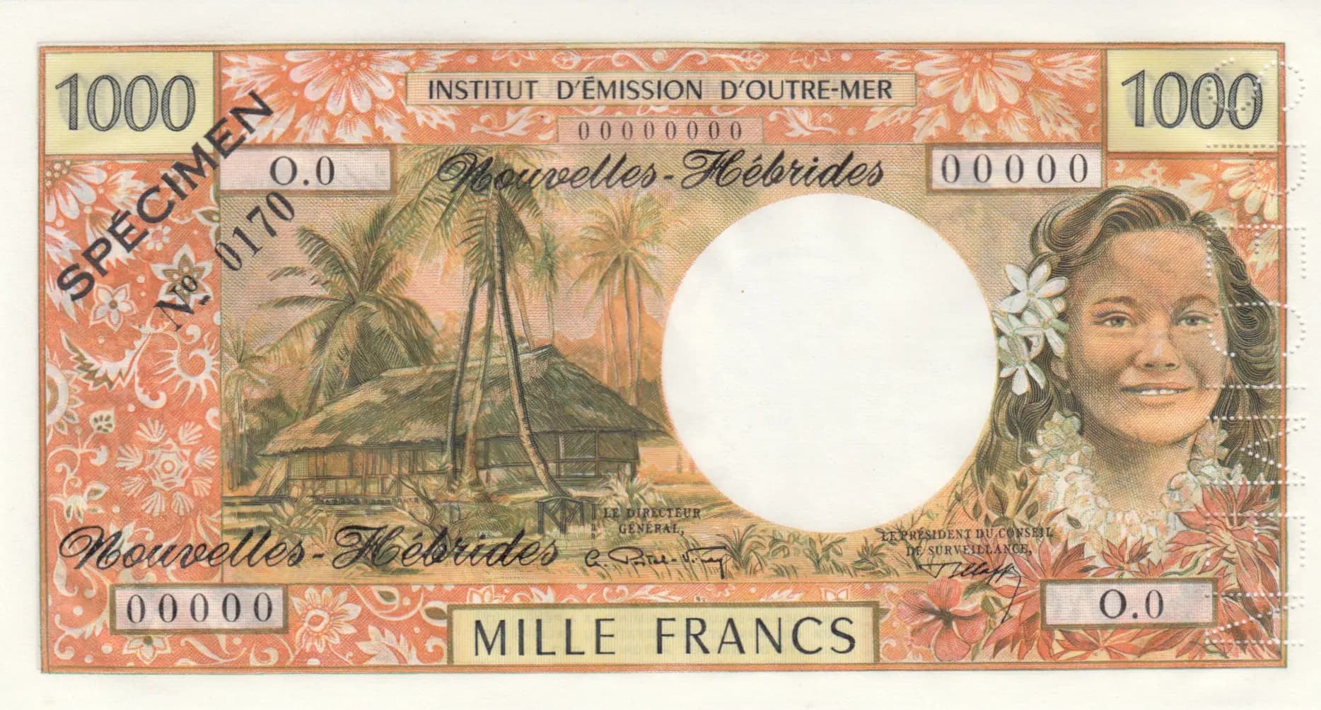 1000 francs 1970 specimen from New Hebrides, P-20s (1970) — image 1