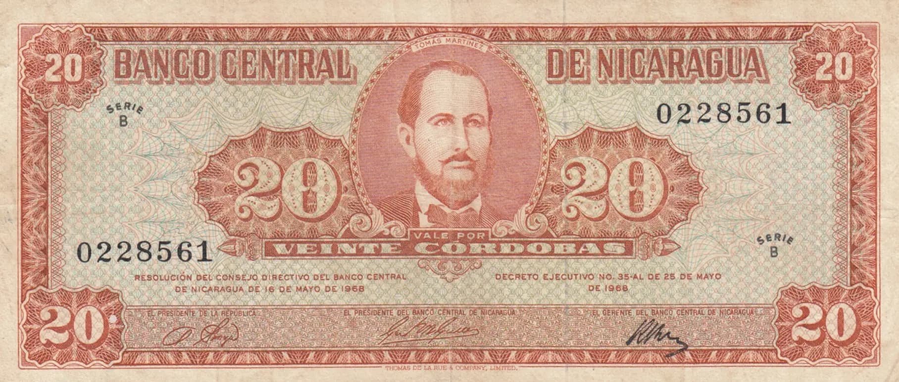 20 cordobas 1968 from Nicaragua, P-118 (1968) — image 1