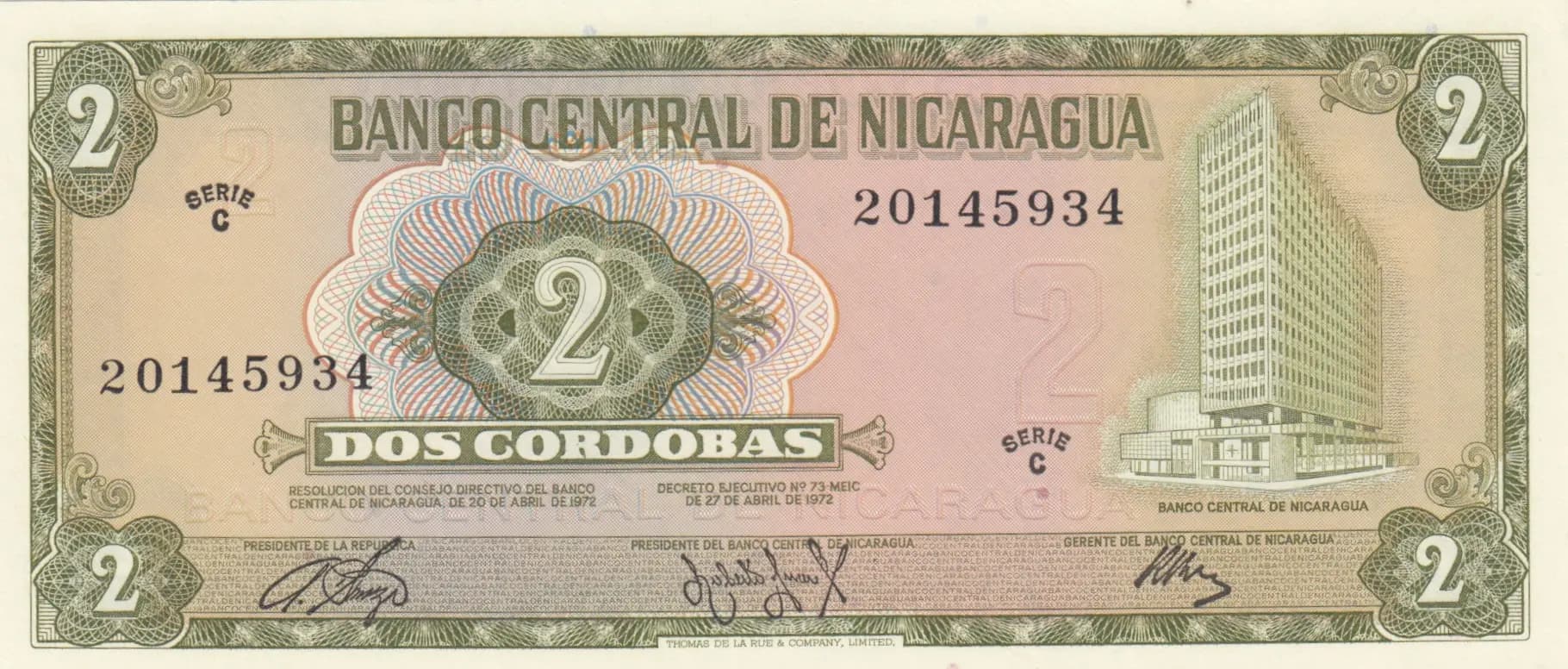 2 cordobas 1972 from Nicaragua, P-121a (1972) — image 1