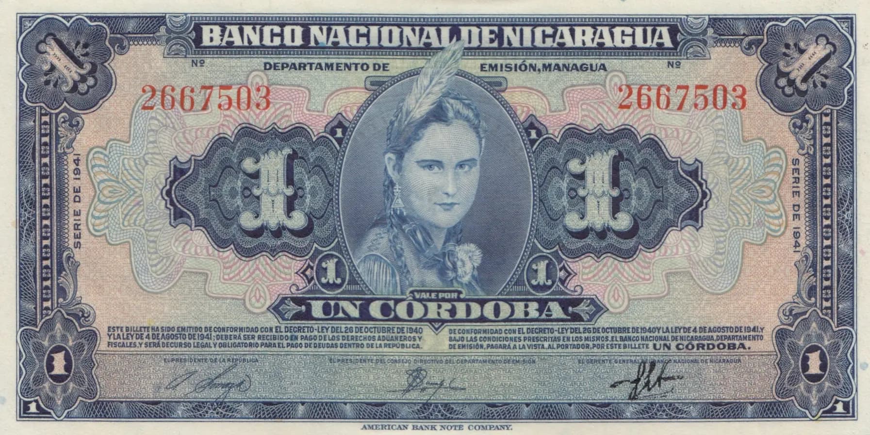 1 cordoba 1941 from Nicaragua, P-90a (1941) — image 1