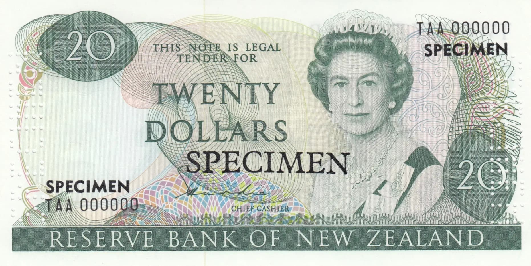 20 dollars 1981 specimen from New Zealand, P-173s (1981) — image 1