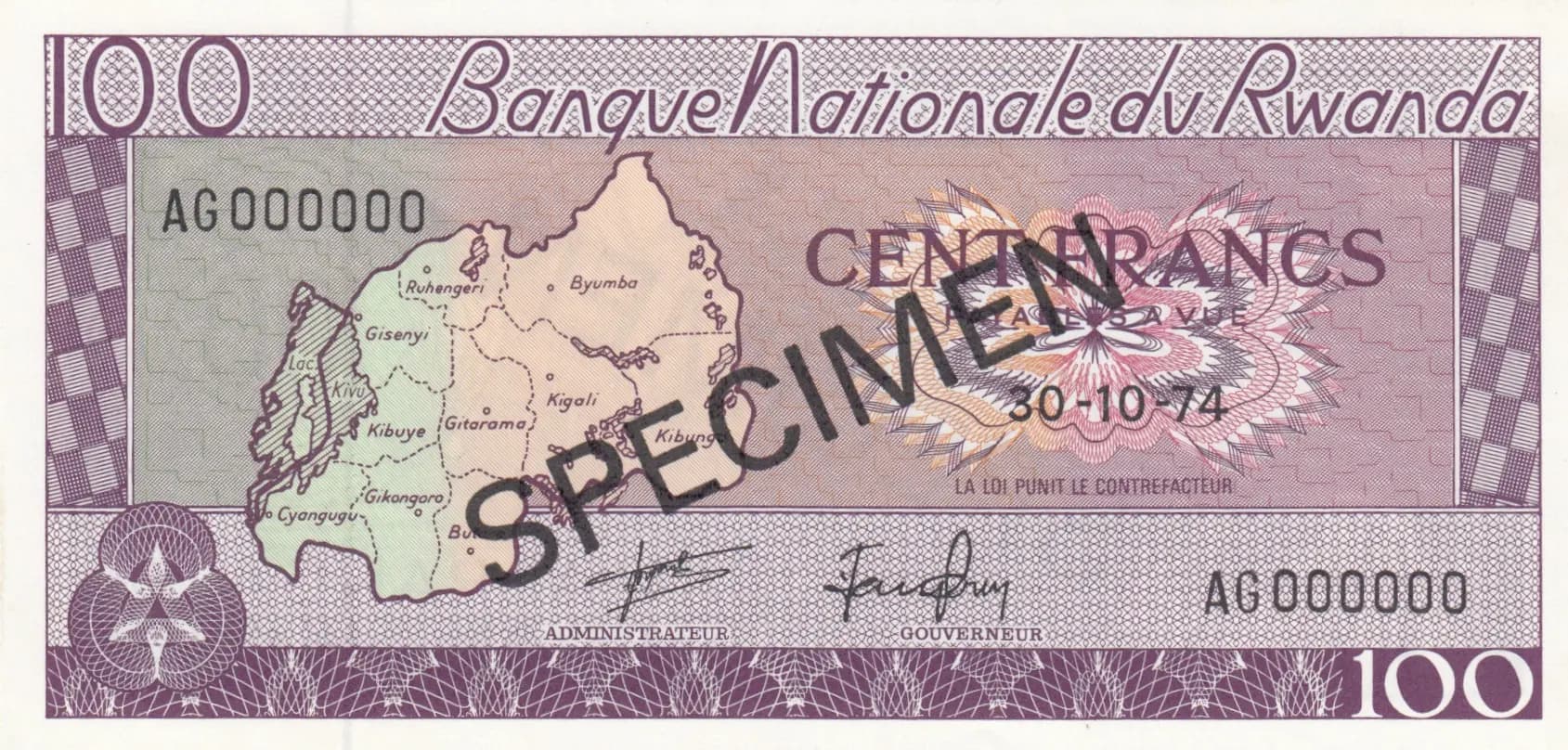 100 francs 1974 specimen from Rwanda, P-8cs (1974) — image 1