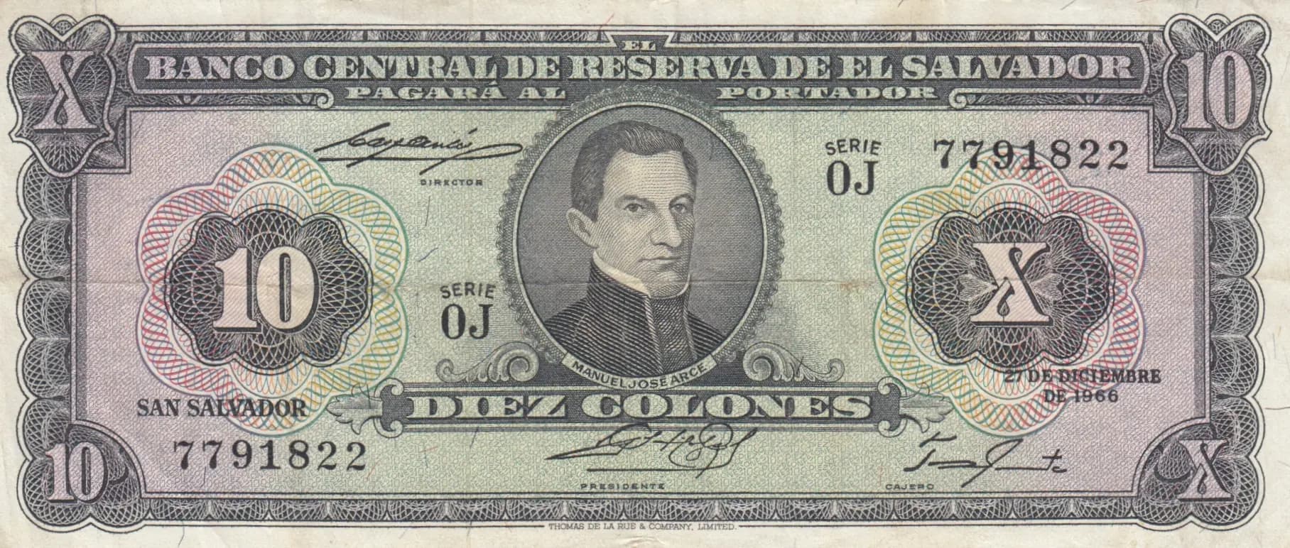 10 colones 1966 from El Salvador, P-103 (1966) — image 1