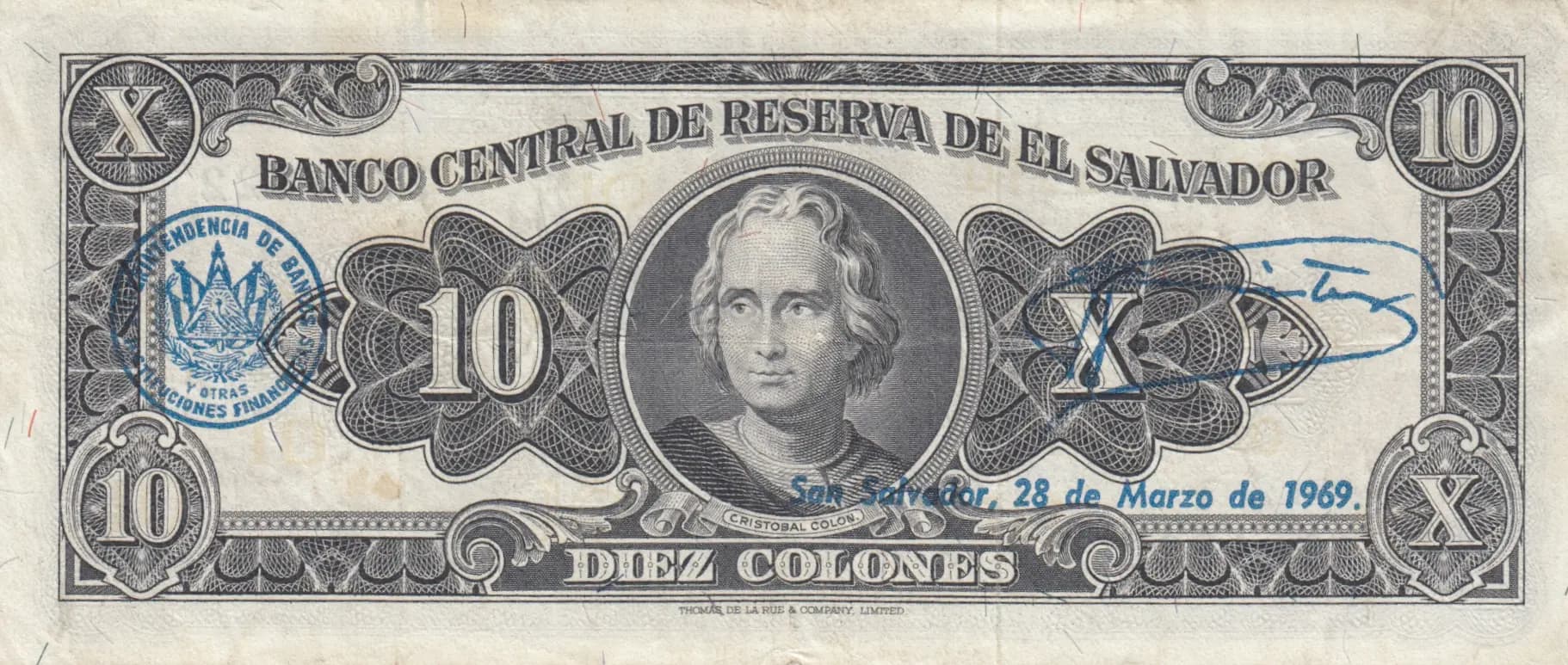 10 colones 1966 from El Salvador, P-103 (1966) — image 2