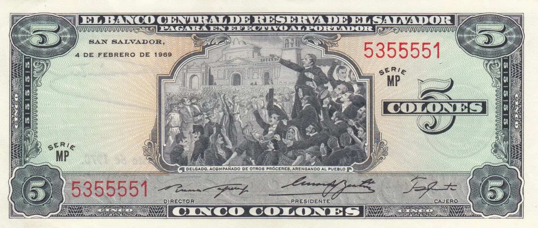 5 colones 1969 from El Salvador, P-111a (1969) — image 1