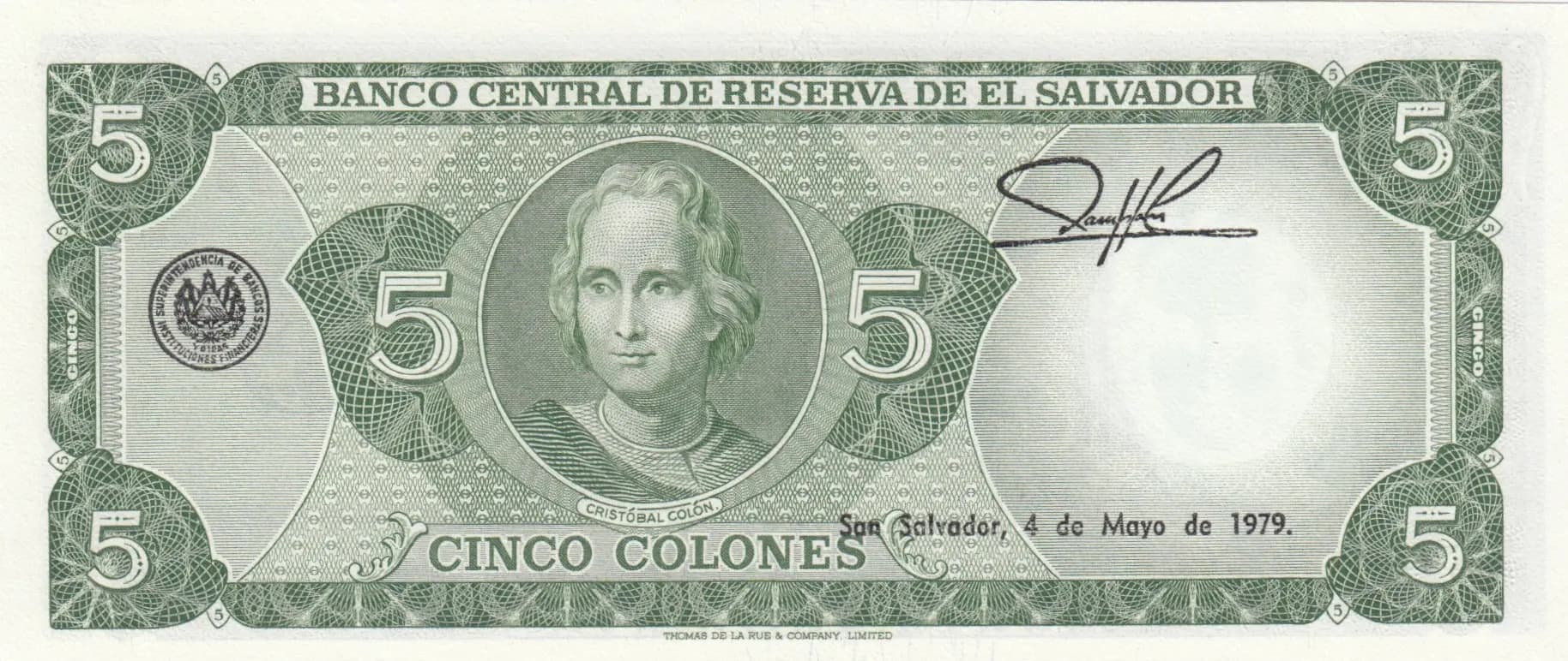 5 colones 1979 from El Salvador, P-117 (1979) — image 2