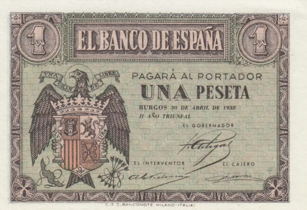 1 peseta 1938 from Spain, P-108 (1938) — image 1
