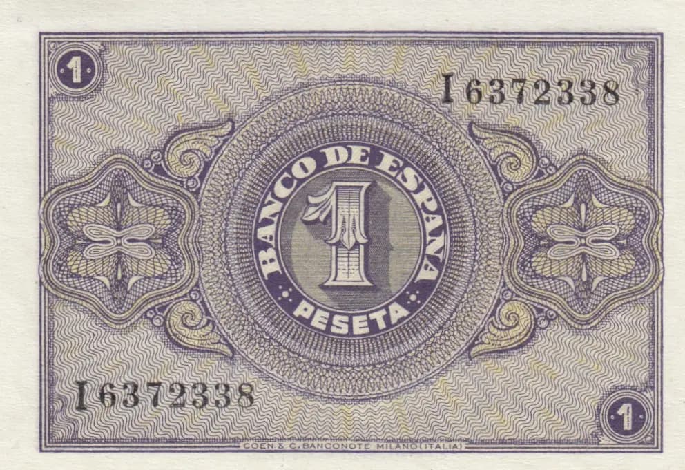 1 peseta 1938 from Spain, P-108 (1938) — image 2